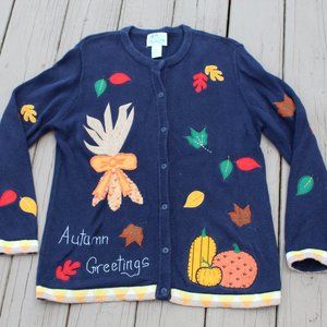 QUACKER FACTORY Autumn Greetings Navy Embroidered Cardigan Button Sweater M